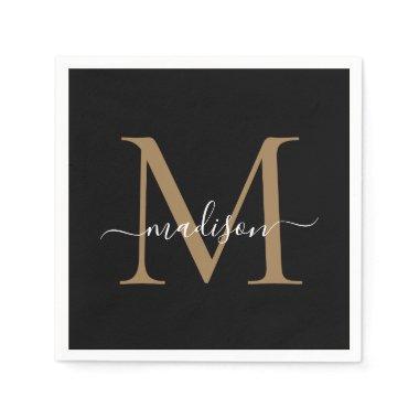 Elegant Black Gold Monogram Girly Script Birthday Napkins