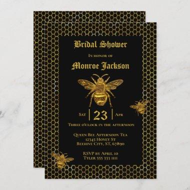 Elegant Black Gold Queen Bee Beehive Bridal Shower Invitations
