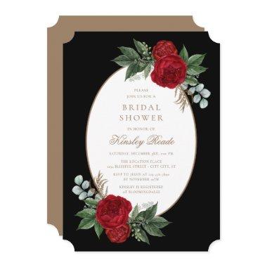 Elegant Black & Gold Red Floral Bridal Shower Invitations