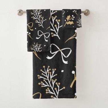 Elegant Black Mistletoe & Ribbon Christmas Pattern Bath Towel Set