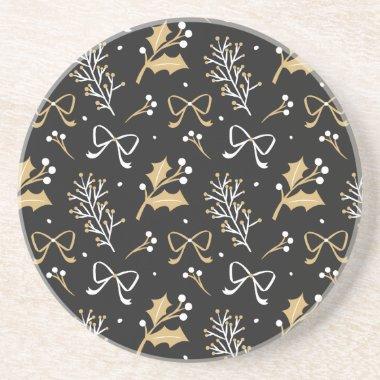 Elegant Black Mistletoe & Ribbon Christmas Pattern Coaster