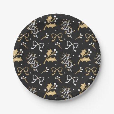 Elegant Black Mistletoe & Ribbon Christmas Pattern Paper Plates