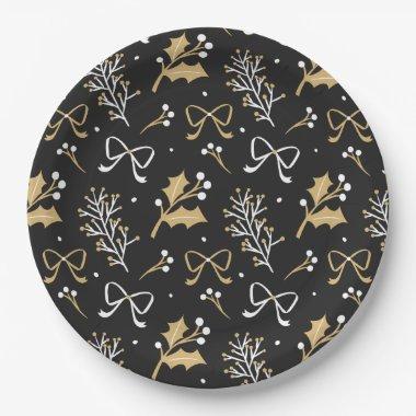 Elegant Black Mistletoe & Ribbon Christmas Pattern Paper Plates
