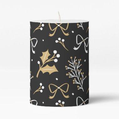 Elegant Black Mistletoe & Ribbon Christmas Pattern Pillar Candle