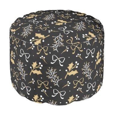 Elegant Black Mistletoe & Ribbon Christmas Pattern Pouf