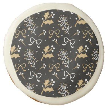 Elegant Black Mistletoe & Ribbon Christmas Pattern Sugar Cookie