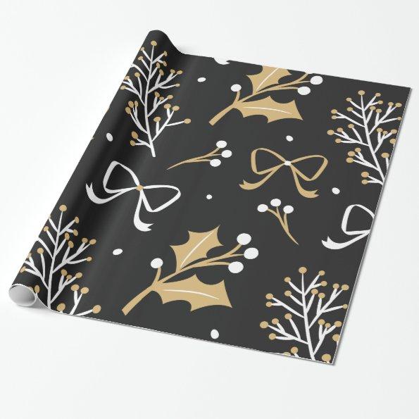 Elegant Black Mistletoe & Ribbon Christmas Pattern Wrapping Paper