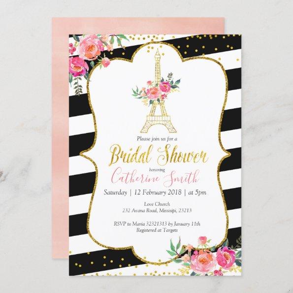 Elegant Black Paris Floral Romantic Bridal Shower Invitations