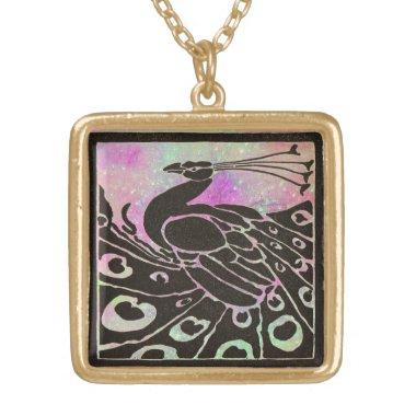 ELEGANT BLACK PEACOCK IN PURPLE BLUE SPARKLES GOLD PLATED NECKLACE