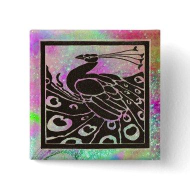 ELEGANT BLACK PEACOCK IN PURPLE BLUE SPARKLES PINBACK BUTTON