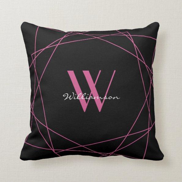Elegant Black Pink Monogram Geometric Name Script Throw Pillow