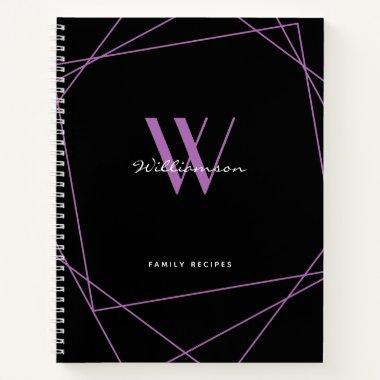 Elegant Black Purple Monogram Name Family Recipe Notebook