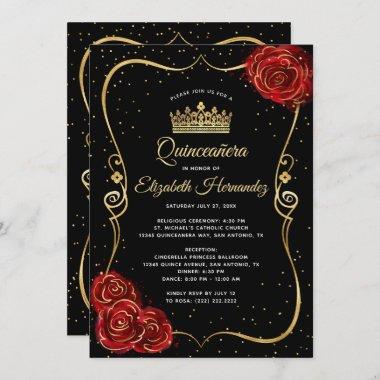 Elegant Black Red Rose and Gold Quinceanera Invitations