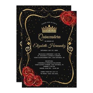 Elegant Black Red Rose and Gold Quinceanera Invitations