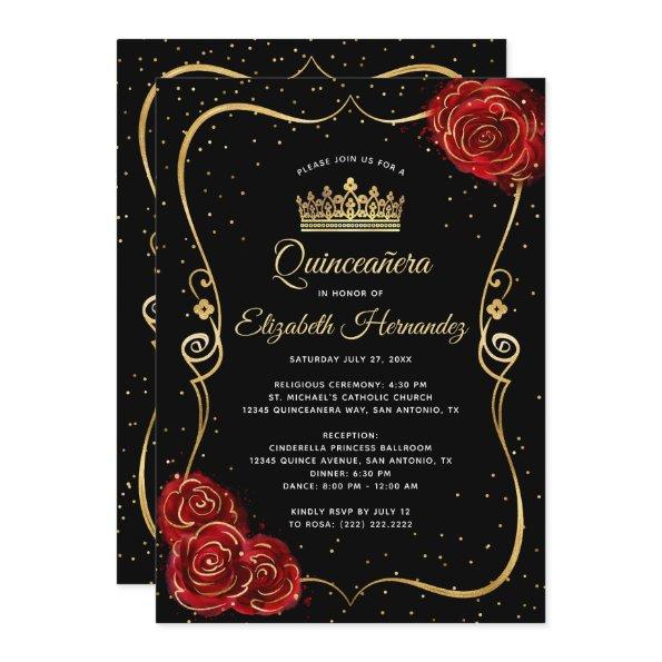 Elegant Black Red Rose and Gold Quinceanera Invitations