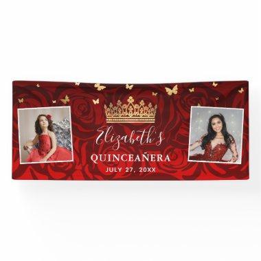 Elegant Black Red Rose Gold Birthday Quinceanera Banner