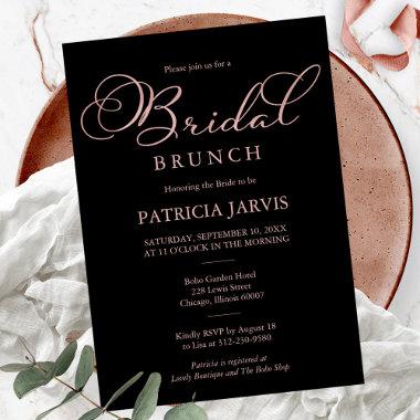 Elegant Black Rose Gold Foil Script Bridal Brunch Invitations
