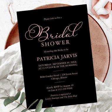 Elegant Black Rose Gold Foil Script Bridal Shower Invitations