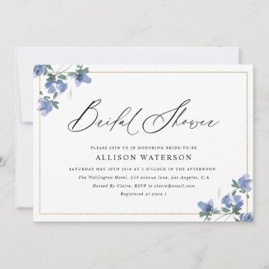 elegant black script blue floral bridal shower Invitations