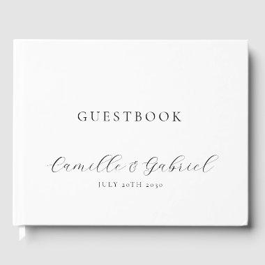 Elegant Black Script Calligraphy White Wedding Guest Book
