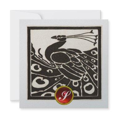 ELEGANT BLACK SILVER PEACOCK,RED RUBY GEM MONOGRAM Invitations