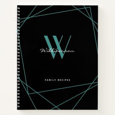 Elegant Black Teal Monogram Name Family Recipe Notebook