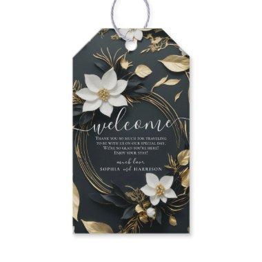 Elegant Black White and Gold Floral Wreath Wedding Gift Tags