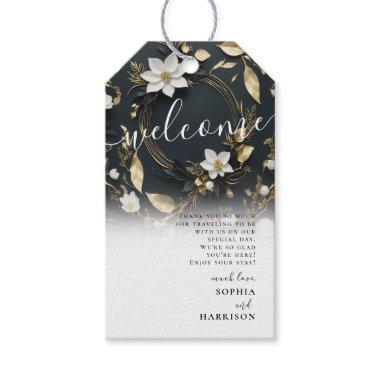 Elegant Black White and Gold Floral Wreath Wedding Gift Tags
