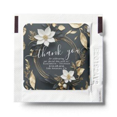 Elegant Black White and Gold Floral Wreath Wedding Hand Sanitizer Packet