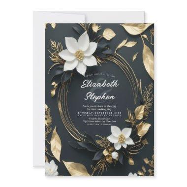 Elegant Black White and Gold Floral Wreath Wedding Invitations