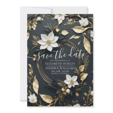 Elegant Black White and Gold Floral Wreath Wedding Save The Date