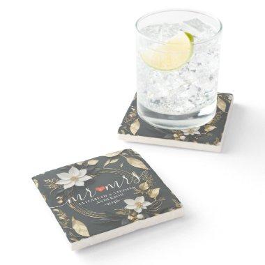 Elegant Black White and Gold Floral Wreath Wedding Stone Coaster