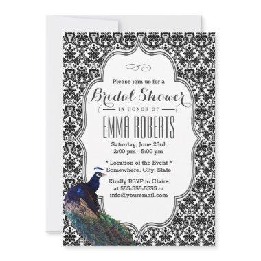 Elegant Black & White Damask Peacock Bridal Shower Invitations