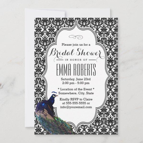 Elegant Black & White Damask Peacock Bridal Shower Invitations