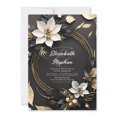 Elegant Black White Gold Floral Wreath Wedding