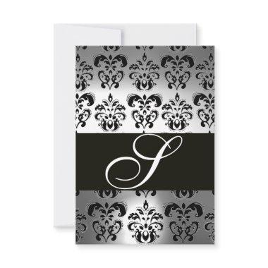 ELEGANT BLACK WHITE GREY DAMASK MONOGRAM RSVP