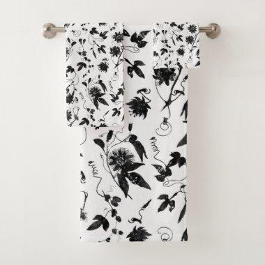Elegant Black White Passion Flowers Pattern Bath Towel Set