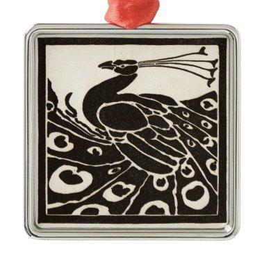 ELEGANT BLACK WHITE PEACOCK METAL ORNAMENT