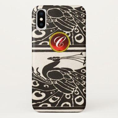 ELEGANT BLACK WHITE PEACOCK RED RUBY GEM MONOGRAM iPhone X CASE