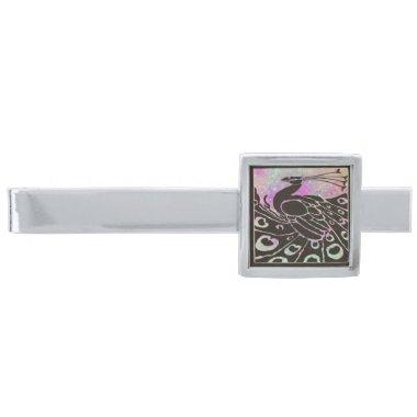 ELEGANT BLACK WHITE PEACOCK SILVER FINISH TIE CLIP