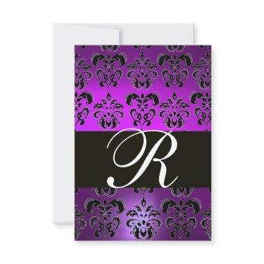 ELEGANT BLACK WHITE PURPLE DAMASK MONOGRAM RSVP