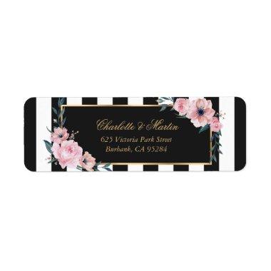 Elegant Black White Stripes Pink Floral Labels