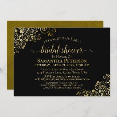 Elegant Black with Gold Lace Frills Bridal Shower Invitations