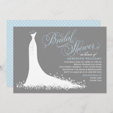 Elegant Blue and Gray Wedding Gown Bridal Shower Invitations