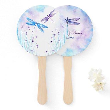 Elegant Blue and Purple Watercolor Dragonfly Hand Fan