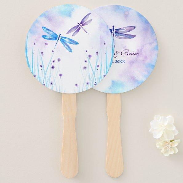 Elegant Blue and Purple Watercolor Dragonfly Hand Fan