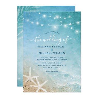 Elegant Blue and Teal Watercolor Beach Wedding Invitations