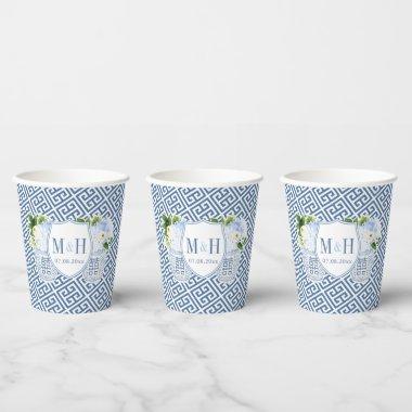Elegant Blue And White Couples Crest Bridal Shower Paper Cups