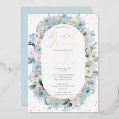 Elegant Blue and White Floral Bridal Shower Foil Invitations