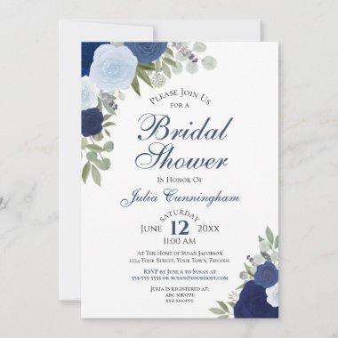 Elegant Blue Boho Watercolor Floral Bridal Shower Invitations